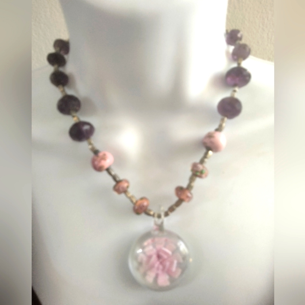 Necklace with faceted amethysts glass flower pendant roses pink purple